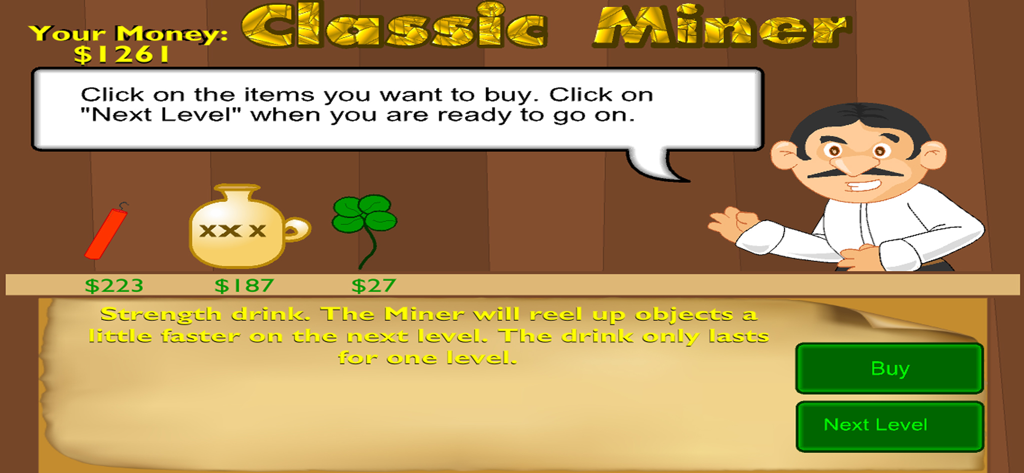 In-game shop screen in Classic Miner showing upgrade items and a character guide.
