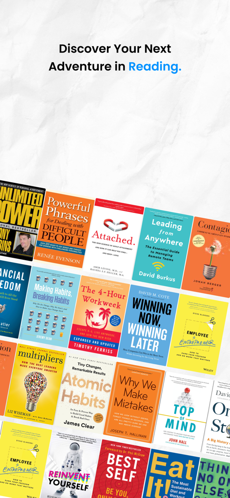 Dream Lab 2.0 - Pantalla de la aplicación Dream Lab 2.0 mostrando un collage de portadas populares de libros de autoayuda y negocios con el texto Descubre tu Próxima Aventura en la Lectura