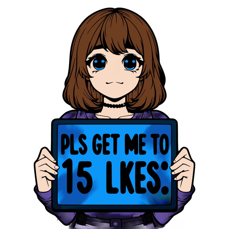 realistic girl holding up a sign that says “pls get me to 15 likes!”