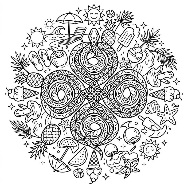 Combine the mystic allure of snake mandalas with the joyful spirit of summer in this unique coloring page. Featuring intricate serpentine patterns surrounded by beach scenes, tropical treats, and sunny elements, it offers a refreshing escape.