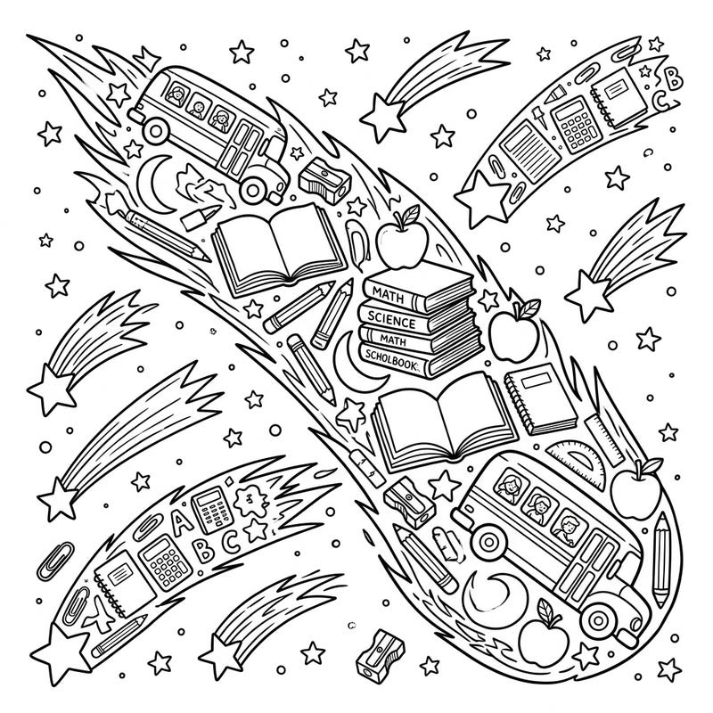 Get ready for an out-of-this-world coloring experience with our unique Back to School Comet Tails design! This playful page combines cosmic wonder with essential school items, perfect for students of all ages.