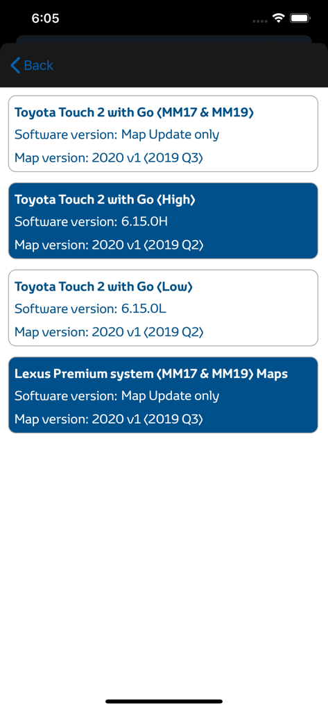 Toyota Lexus QRcode Map Update - Selection screen for Toyota and Lexus navigation system models and map versions