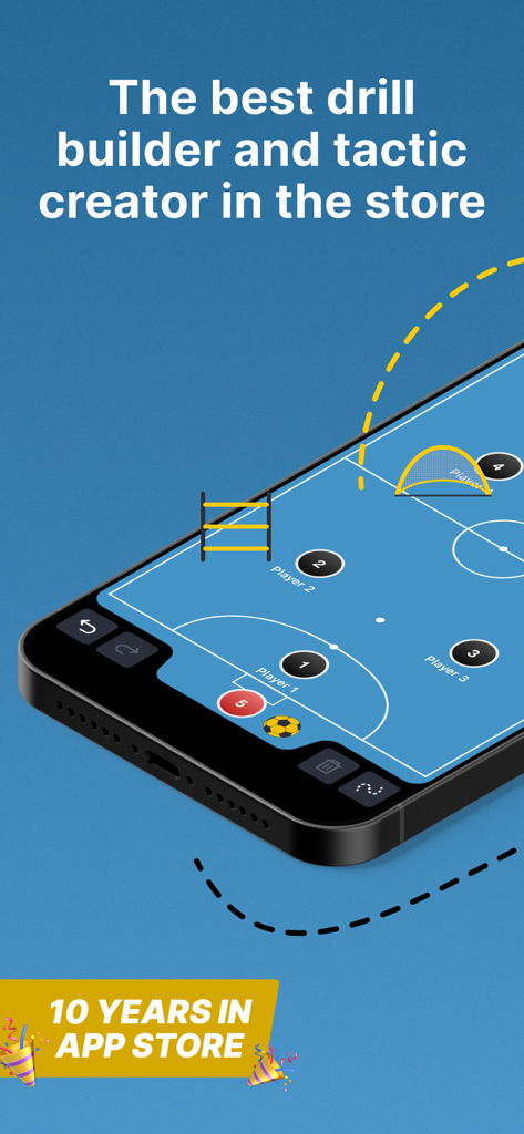 Un écran de smartphone affichant un tableau tactique numérique de futsal avec des icônes de joueurs et des outils de création d'exercices.