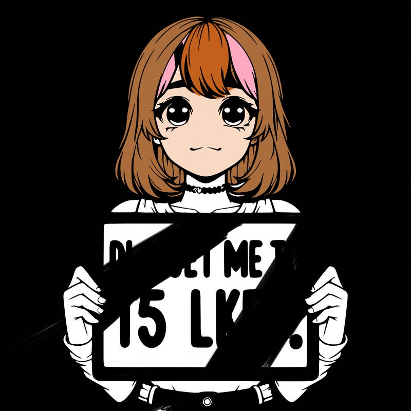 realistic girl holding up a sign that says “pls get me to 15 likes!”