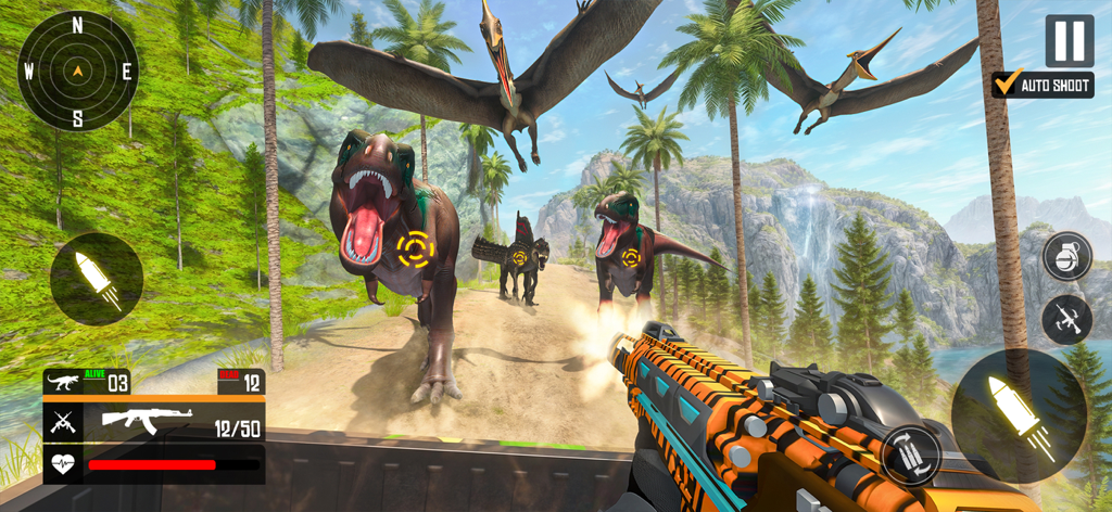 Carnivores Dino Hunter - Perspectiva en primera persona de un jugador cazando dinosaurios con un rifle en una jungla