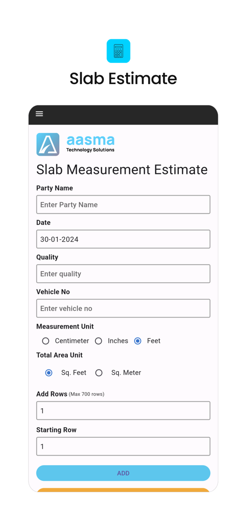 Slab Estimate - Interface for entering slab measurement data in the Slab Estimate app