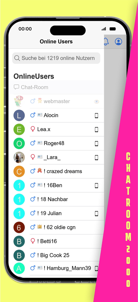 ChatRoom2000 - Chat & Flirt - Interface showing a list of active users in the ChatRoom2000 mobile app