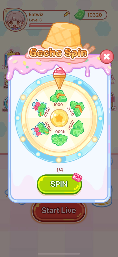 Crystal Candy:Mukbang ASMR - A colorful Gacha Spin wheel featuring cash rewards and ice cream decorations in the Crystal Candy Mukbang ASMR game
