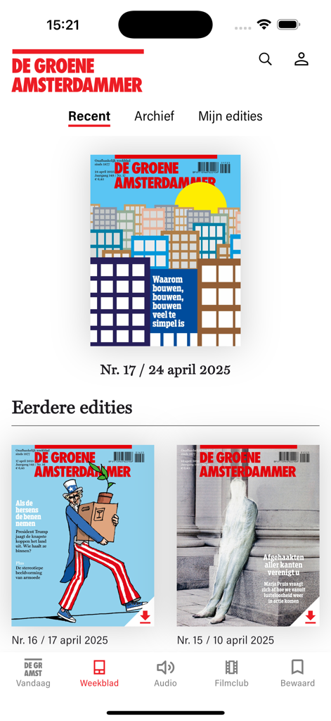 Interface of De Groene Amsterdammer app displaying recent magazine issues.