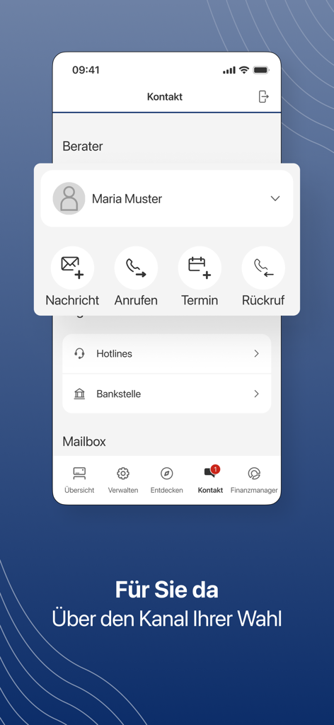 Pantalla de contacto de la App de Banca Online POSO que muestra opciones para enviar mensajes, llamar o programar una cita con un asesor personal.