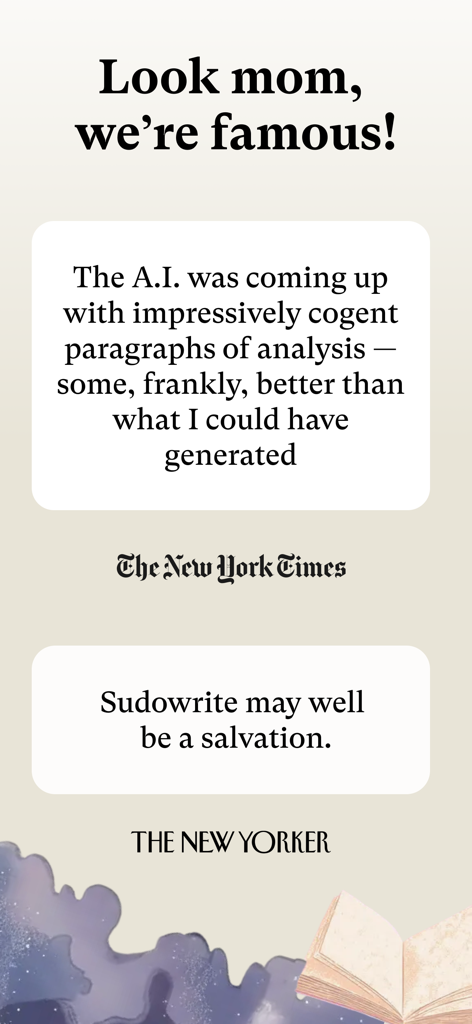 Press reviews for Sudowrite AI writing app from The New York Times and The New Yorker