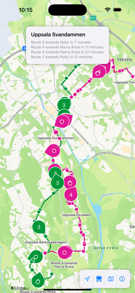 Seguimiento en vivo de autobuses en un mapa en Uppsala, Suecia
