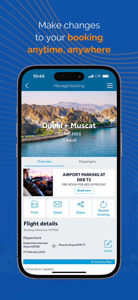 flydubai app manage booking interface showing flight details for a trip from Dubai to Muscat