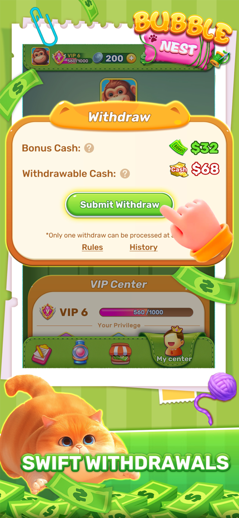 Bubble Nest app withdrawal screen displaying cash rewards and VIP center status.