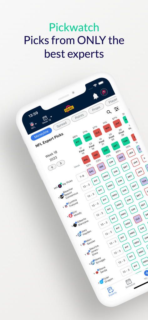 The Pickwatch mobile app interface showing a detailed table of NFL expert picks and predictions for sports bettors.