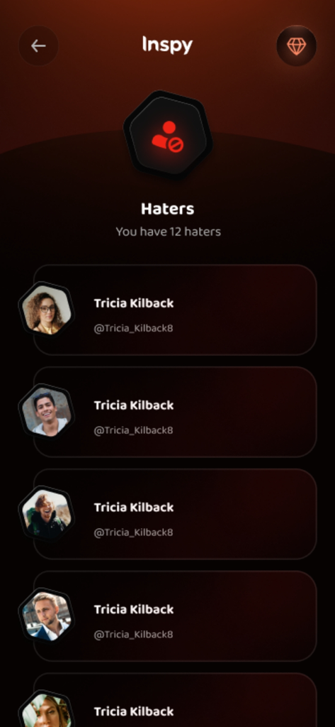 InSpy app interface showing a list of social media profiles identified as haters