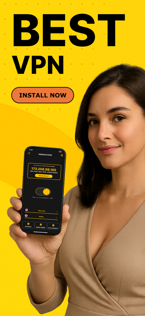 A woman holding an iPhone displaying the Best VPN app interface with a yellow background
