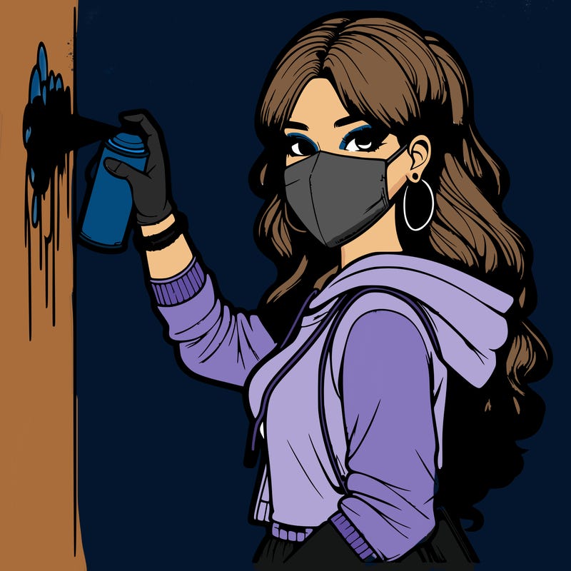 realistic girl with mask spray painting a wall