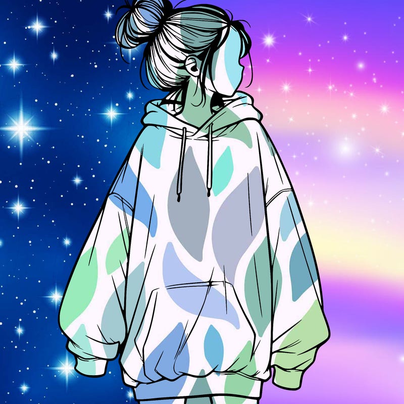 realistic girl with a oversized sweatshirt on and a bun