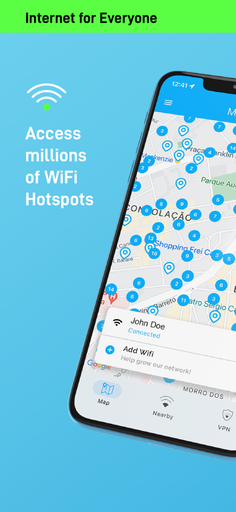 WiFi Magic+ VPN - Smartphone screen showing a map with multiple public wifi hotspots in the WiFi Magic app.