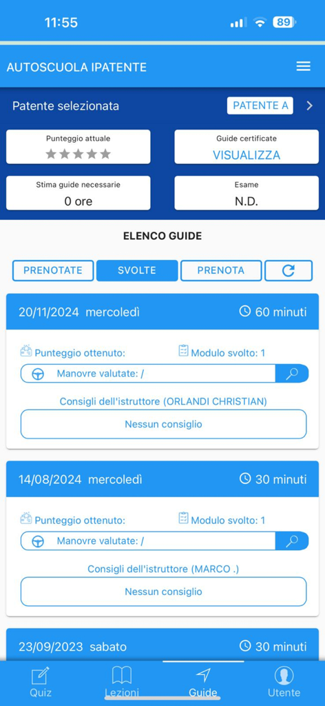 iPatente Quiz - Mobile app interface showing a list of completed driving lessons with dates and student progress statistics