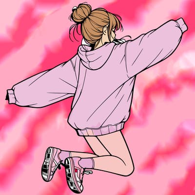 realistic girl jumping with a bun and oversized sweatshirt