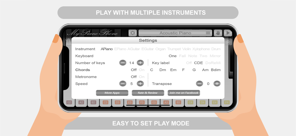 Interface de configurações do aplicativo My Piano Phone mostrando opções de instrumentos e modos de jogo