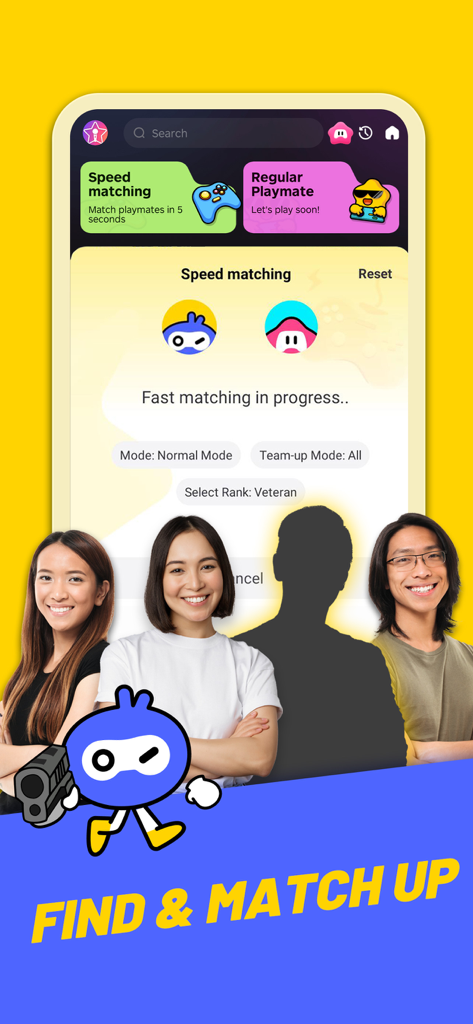 Gamingo - Gamingo app interface showing the speed matching feature to find game teammates