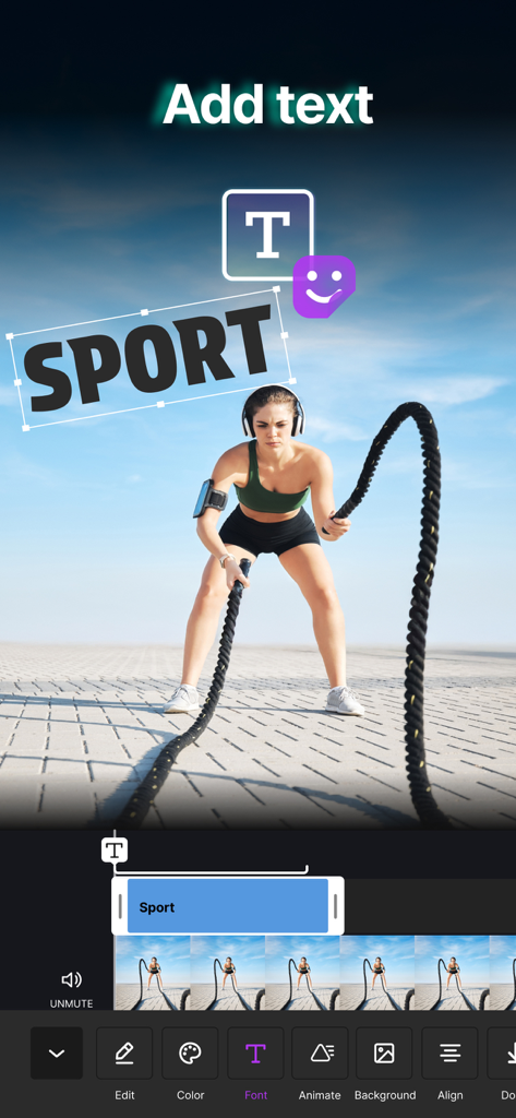 Video Up app interface showing how to add a text overlay to a fitness video clip.