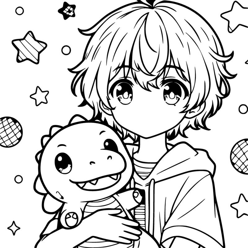 a cute anime girl holding a plush dinosaur