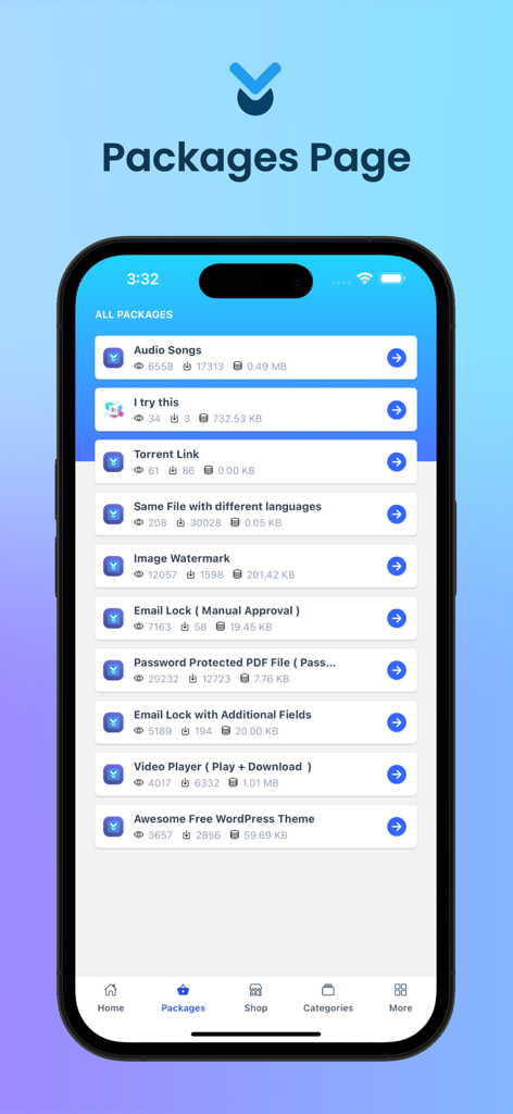Pantalla de la aplicación móvil que muestra la Página de Paquetes con una lista de productos digitales y sus métricas de descarga.