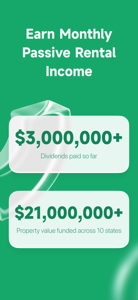Ark7 app screen highlighting over 3 million dollars in dividends paid and 21 million dollars in property value funded.
