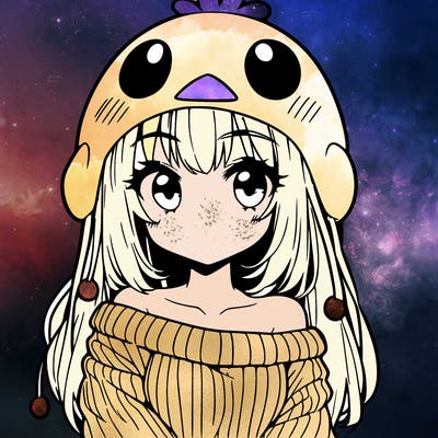 anime girl with chick shaped hat with sweater with bare shoulders with bangs covering them one eye with low tail