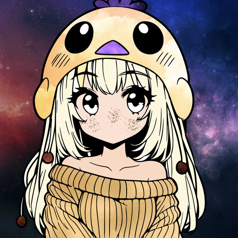 anime girl with chick shaped hat with sweater with bare shoulders with bangs covering them one eye with low tail
