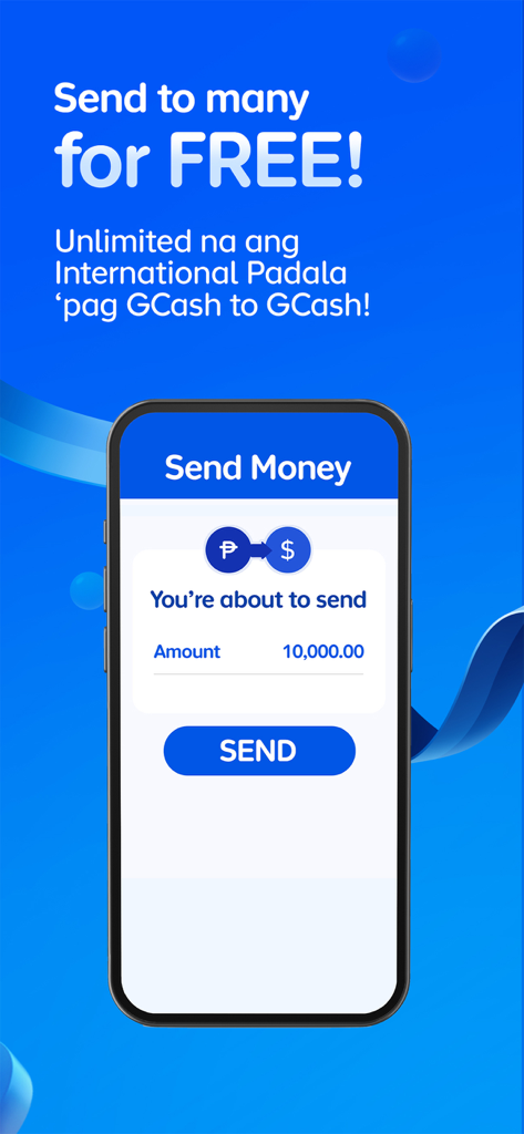 GCash - Schermata mobile dell'app GCash che mostra un'interfaccia di trasferimento di denaro internazionale gratuito per l'invio di fondi a più destinatari.