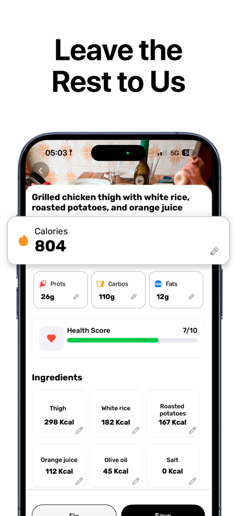 FitCal: Calorie Counter - A mobile screen showing FitCal's AI-powered meal recognition identifying a plate of chicken and rice with calorie and macro breakdowns.