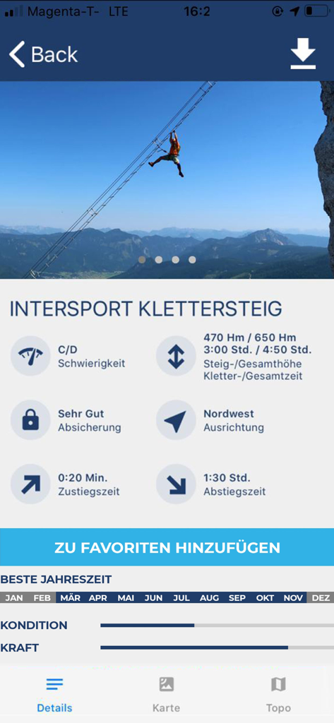Alpinverlag Touren-App - Información técnica detallada y estadísticas para una ruta de vía ferrata en la Alpinverlag Touren-App