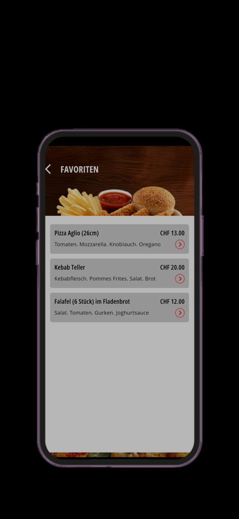Subito Pizza Kurier mobile App Favoriten-Bildschirm listet Pizza- und Kebab-Menüpunkte auf