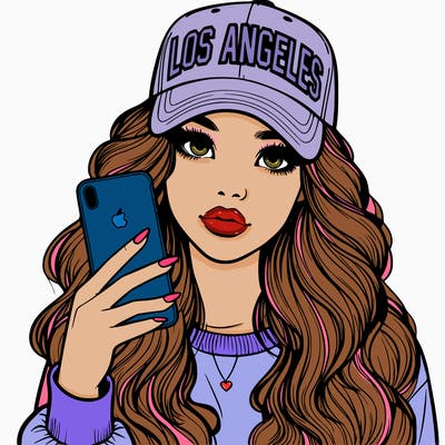 realistic beautiful girl wearing los ángeles cap holding an iphone