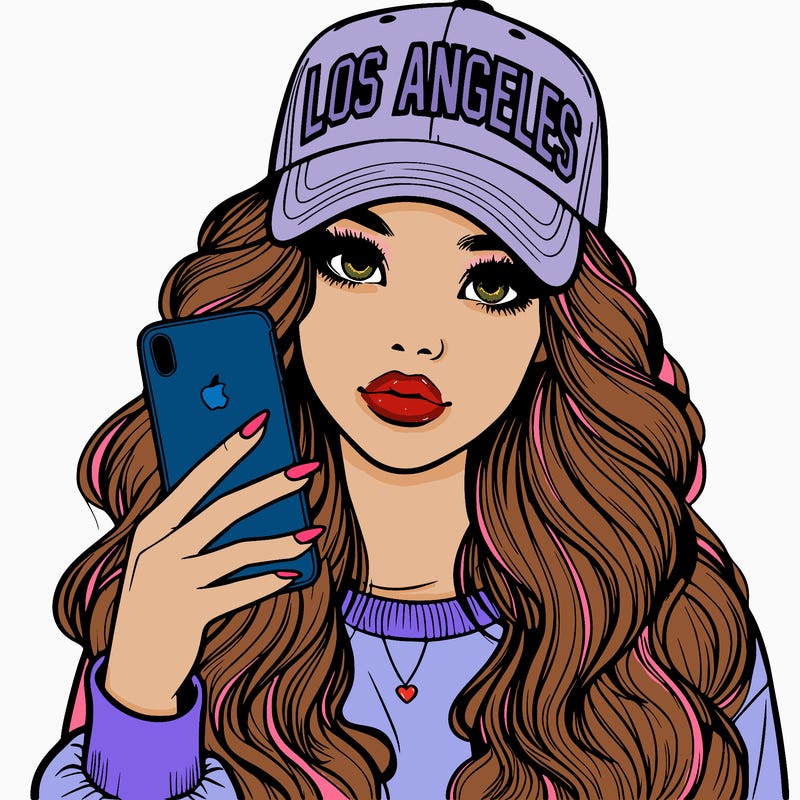 realistic beautiful girl wearing los ángeles cap holding an iphone