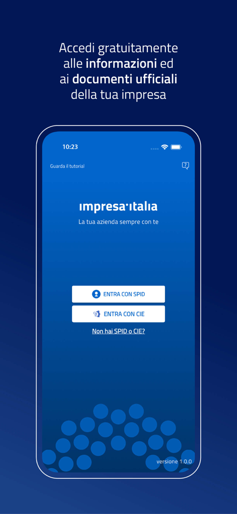 Login screen of the Impresa Italia app showing SPID and CIE authentication buttons.