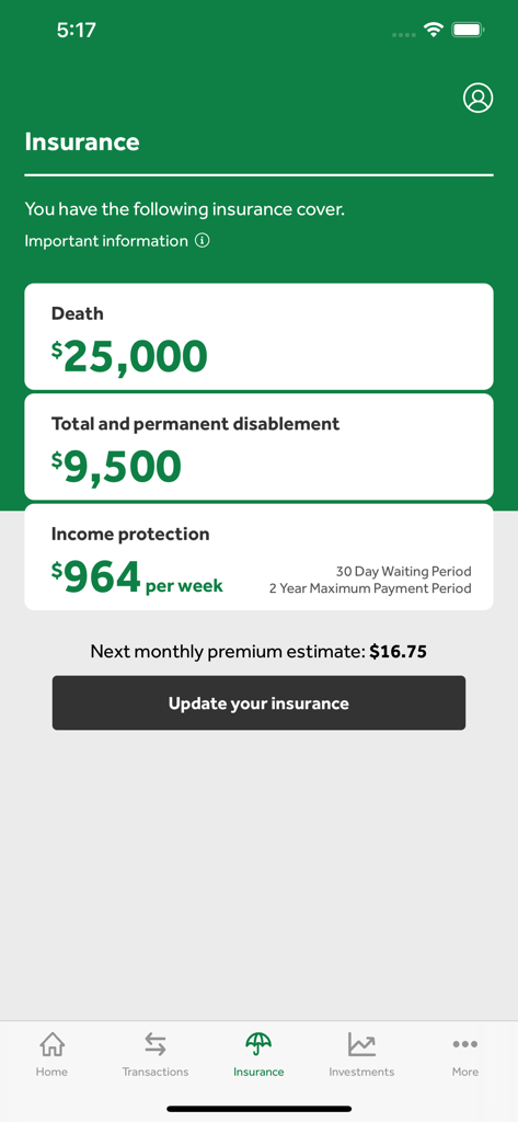 Cbus Super app insurance screen showing death, total disablement, and income protection coverage amounts.