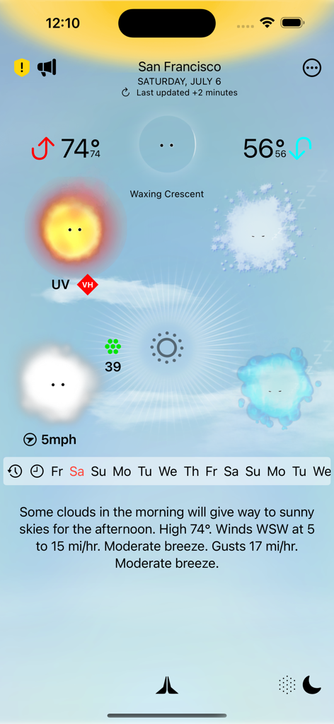 Interface of the Weather Gods app displaying weather data for San Francisco with personified elemental icons for sun wind and air quality