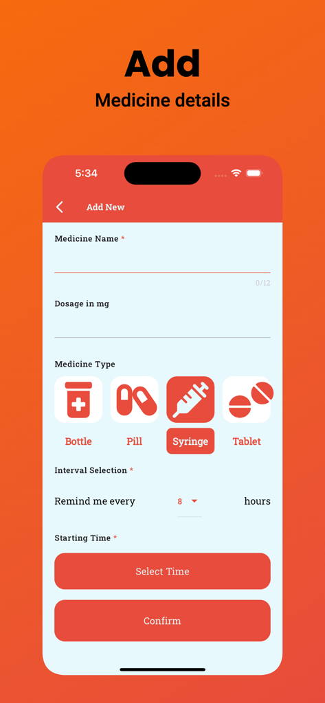 Écran de l'application mobile pour ajouter les détails du médicament, y compris le nom, la dose, le type et la fréquence de rappel.