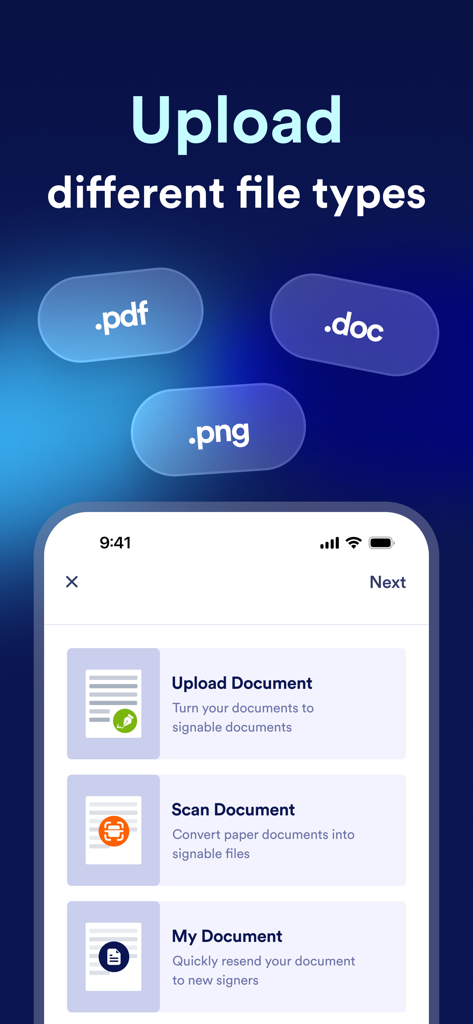 Jotform Sign, Fill & Send Docs - Interfaz de la aplicación Jotform Sign que muestra opciones para cargar o escanear tipos de archivo PDF, DOC y PNG para firmas electrónicas.