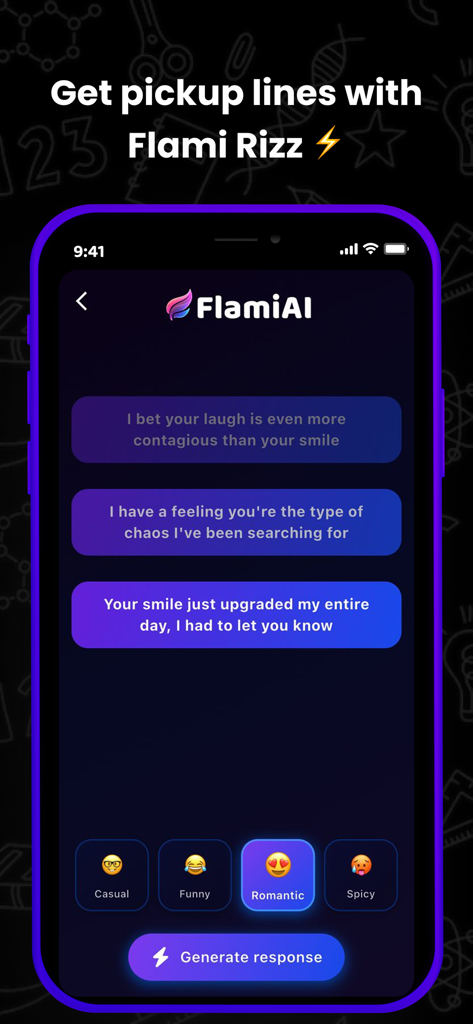 Flami AI: Texting and Glow Up - Interfaz de la aplicación móvil Flami AI que muestra frases de ligue románticas generadas y categorías de estado de ánimo