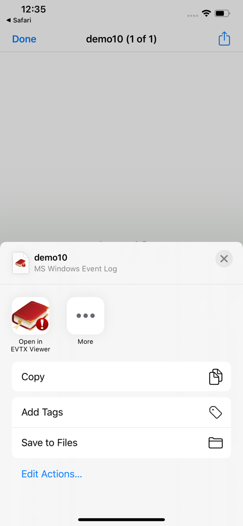 EVTX Viewer - iOS share sheet displaying the option to open an MS Windows Event Log file with EVTX Viewer