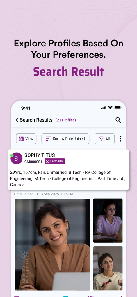 Chavara Christian Matrimony - Chavara Christian Matrimonyアプリの検索結果ページに、写真と教育の詳細が表示された検証済みのプレミアムプロフィールが表示される