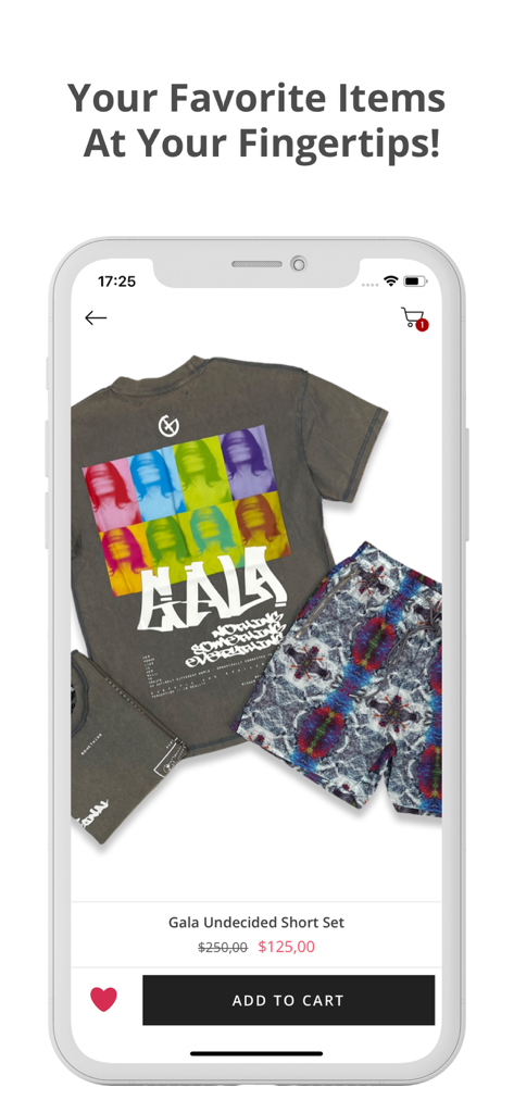 Era Clothing - Era Clothing mobile app interface showing a trendy t-shirt and shorts set with a discounted price and add to cart button.