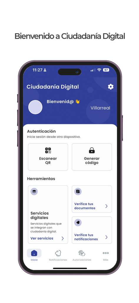 Main dashboard of Ciudadania Digital Bolivia app showing authentication tools and digital services